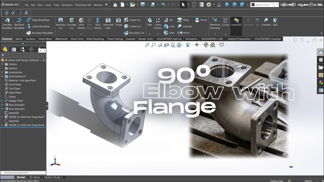 SolidWorks Mechanical Part Modeling | 90 Elbow with Flange