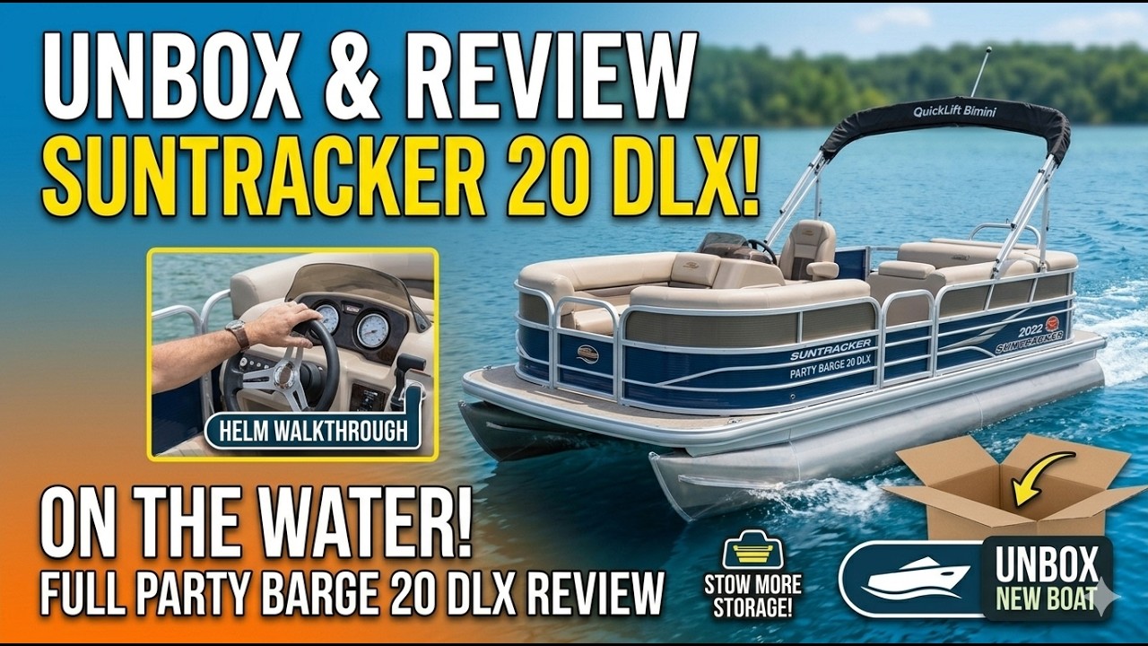 Suntracker 2022 Party Barge 20 dlx on the water unboxing and review.  Full Party Barge 20 DLX review