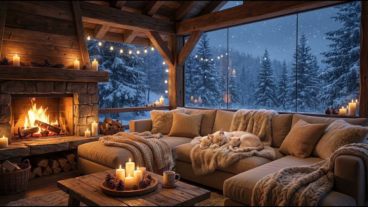 4K Cozy Cabin Fireplace | Relaxing Winter Snow Ambiance for Sleep, Study & Reading