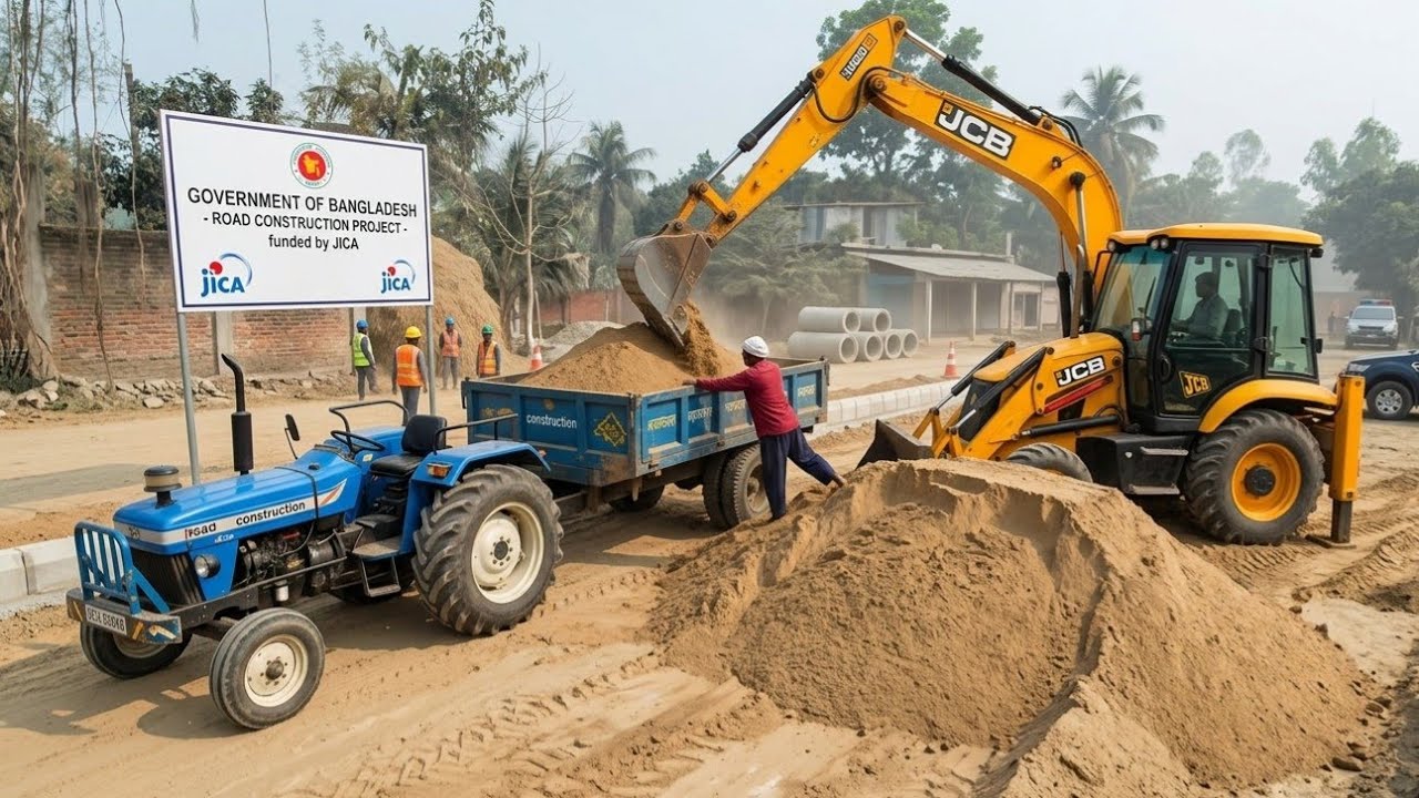 JCB Loading Sand into Tractor | Government Road Work in Bangladesh | Construction Work