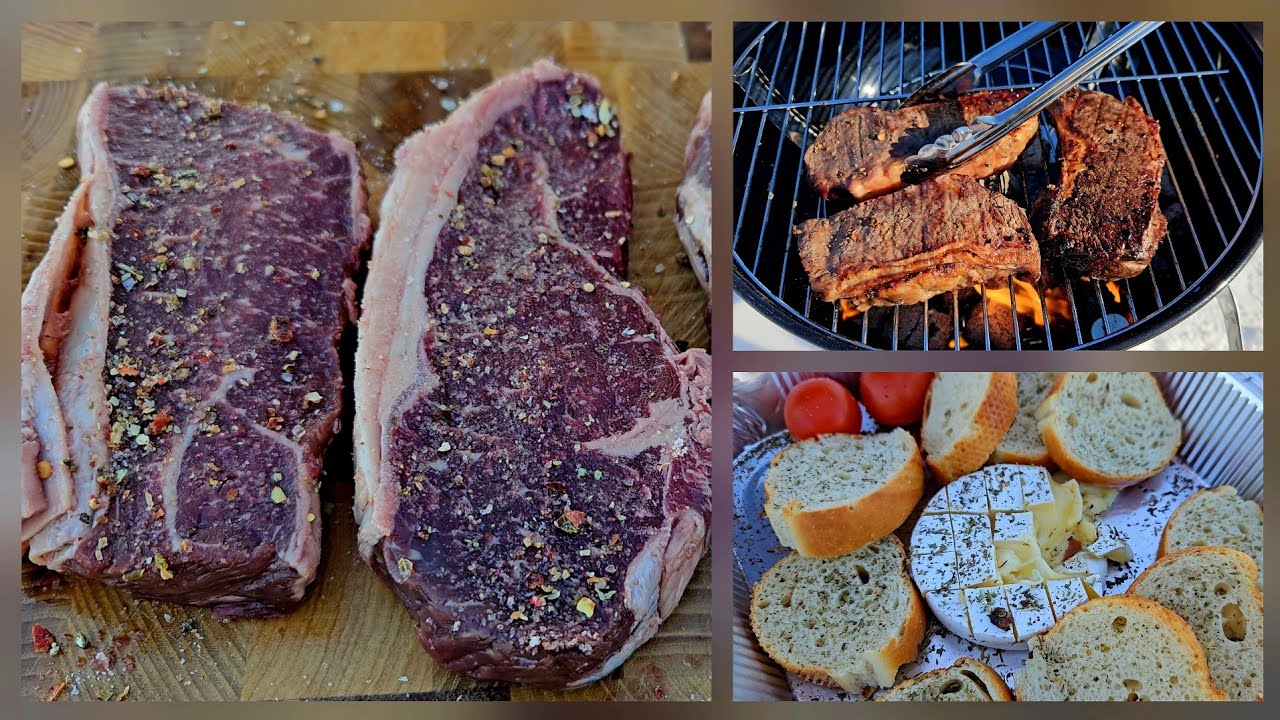 New York Strip Steak on Open Fire + Baked Cheese with Baguette & Tomatoes