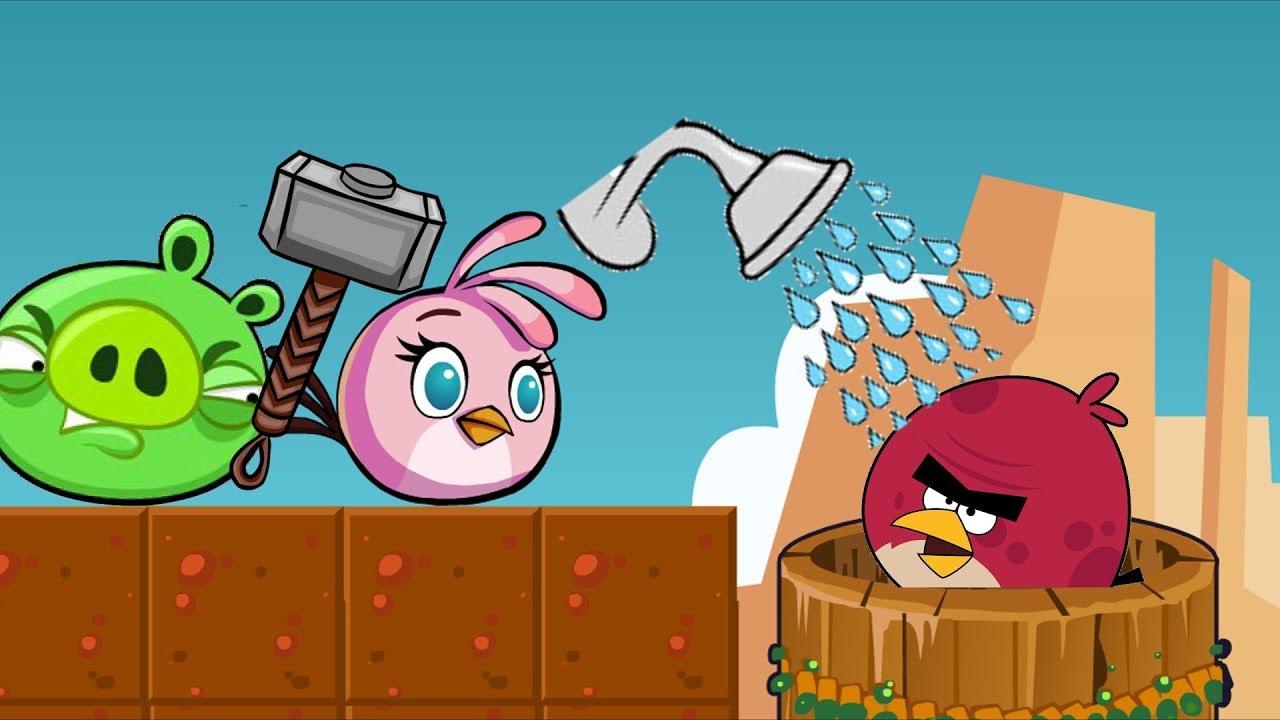 Angry Birds Take A Shower! STELLA TAKE WATER WELLS FOR RED AND KICK PIGGIES!