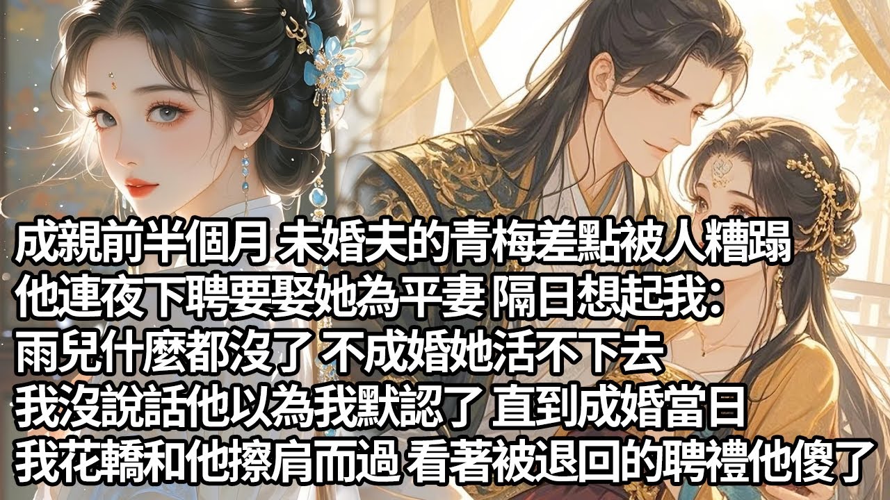 【一口氣看完】成親前半個月 未婚夫的青梅差點被人糟蹋，他連夜下聘要娶她為平妻 隔日想起我：雨兒什麼都沒了不成婚她活不下去，我沒說話他以為我默認了 直到成婚當日，我花轎和他擦肩而過看著被退回的聘禮他傻了