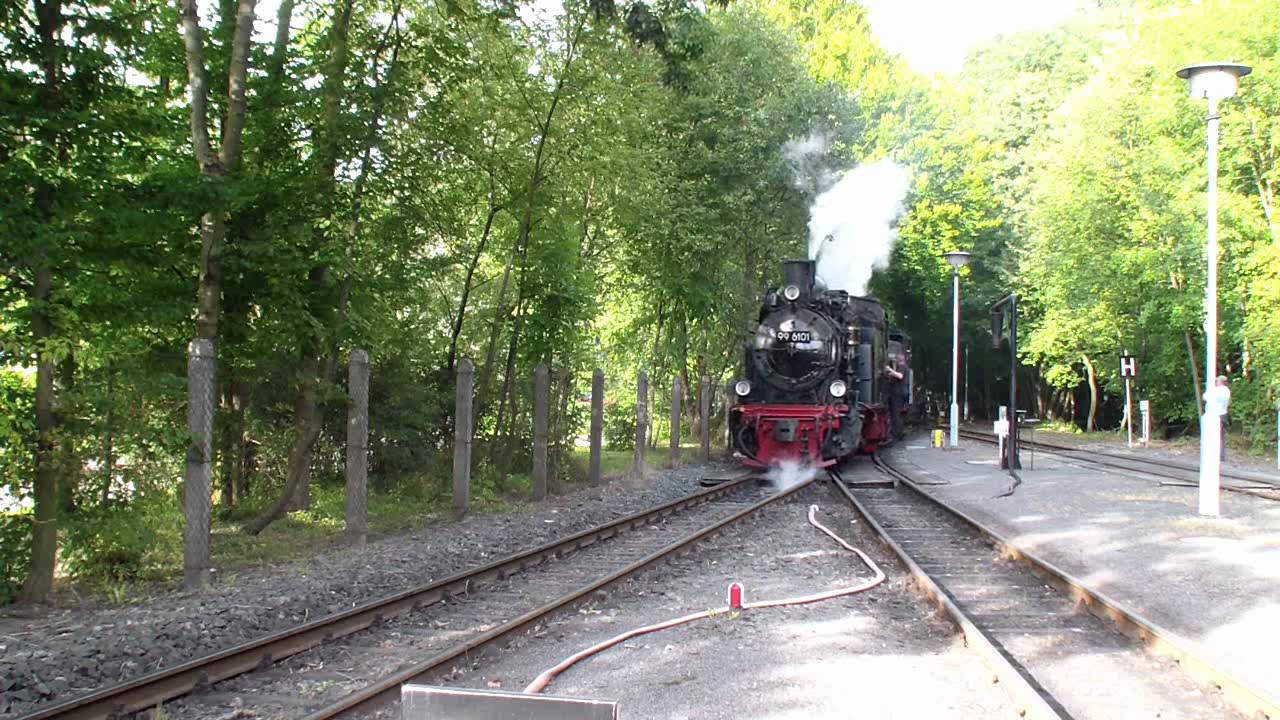 Schweizer Mallet (105) und Pfiffi (99 6101) im Selketal (125 Jahre Selketalbahn) (HD)