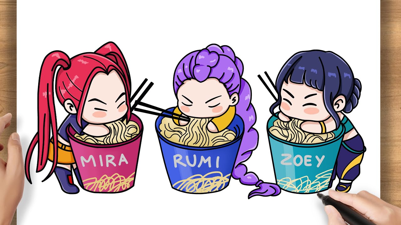 How to Draw Huntrix Rumi Mira & Zoey Eating Ramen | Kpop Demon Hunters