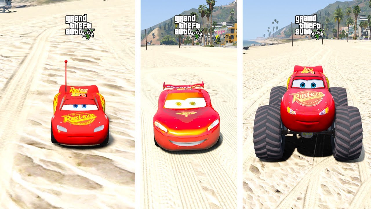 GTA 5 LIGHTNING MCQUEEN vs MONSTER BUS Vs MONSTER MCQUEEN RAINBOW BRIDGE MEGA RAMP