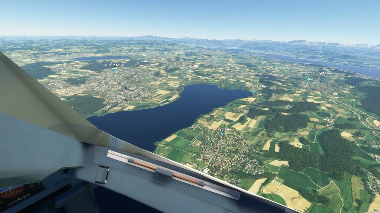 Simulation Südstart geradeaus mit Blickrichtung rechts (Westen) mit A340 am Flughafen Zürich