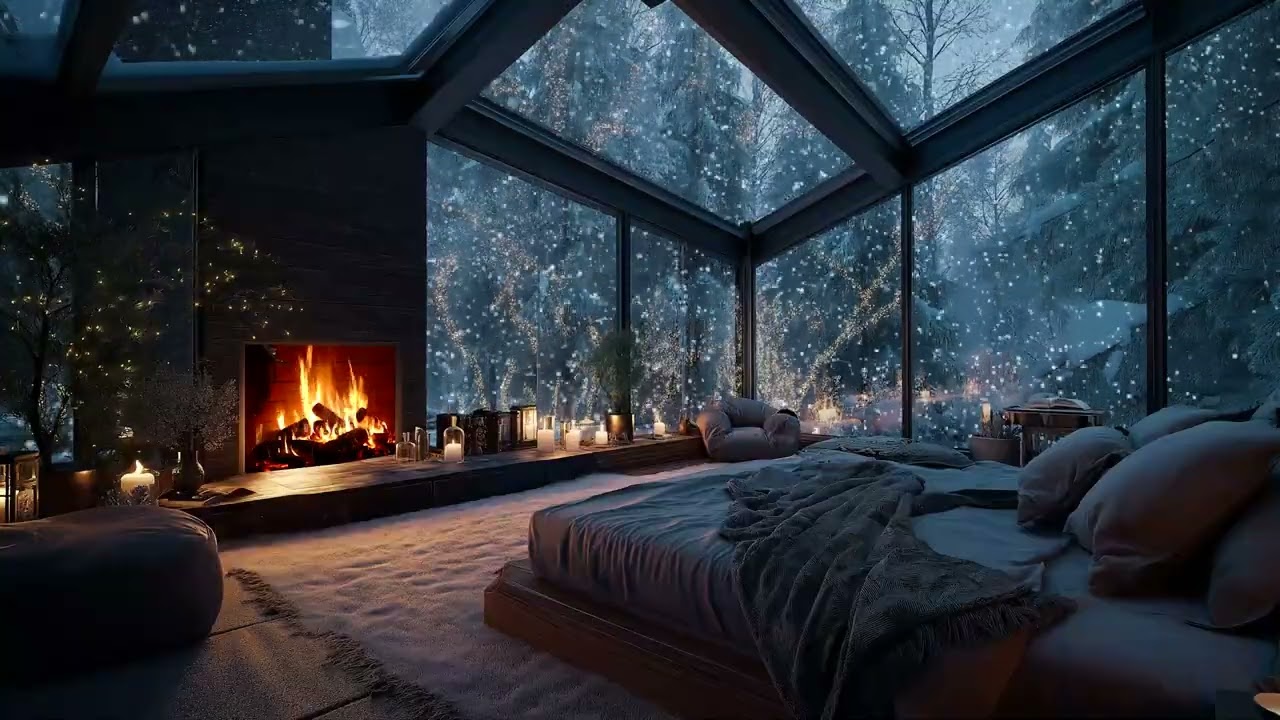 Winter Snowfall ❄️ Warm Fireplace Sounds for Deep Sleep 😴