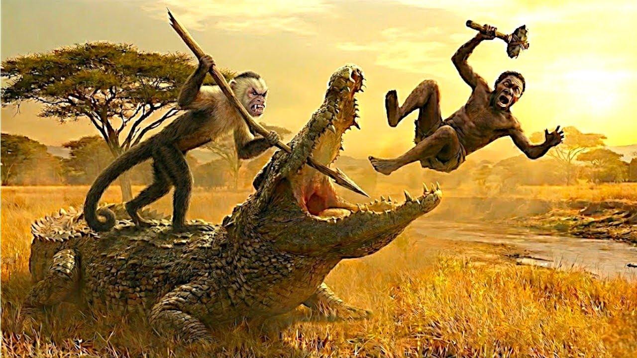 Life millions of years ago | a Homo habilis facing off against a prehistoric beast.