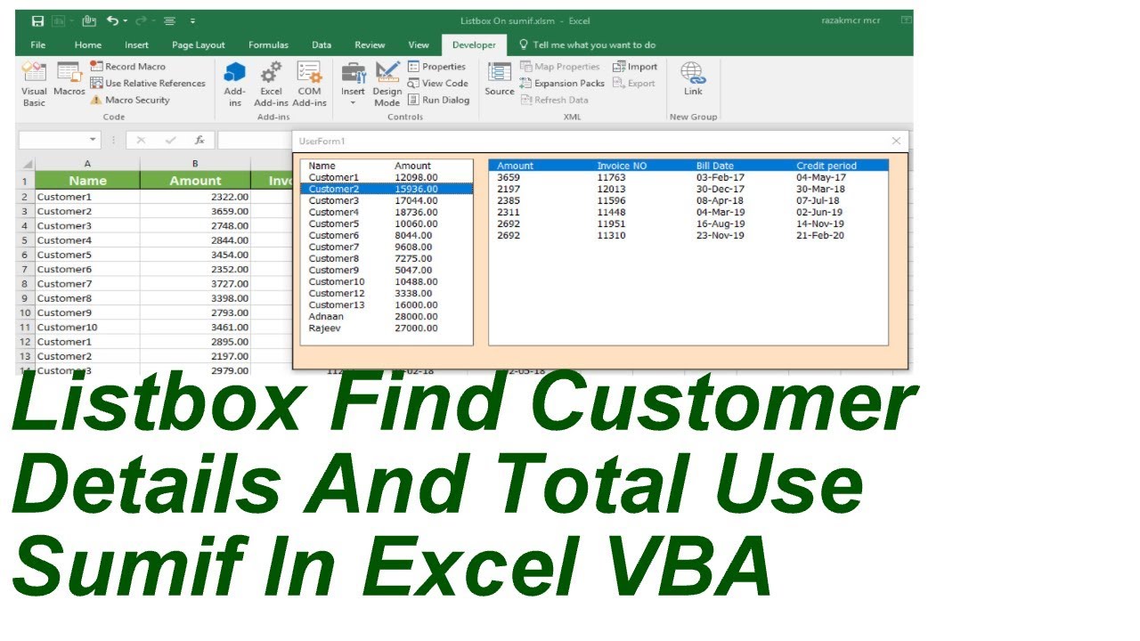 Listbox Display Customer Transaction Details And Total Userform  excel Vba
