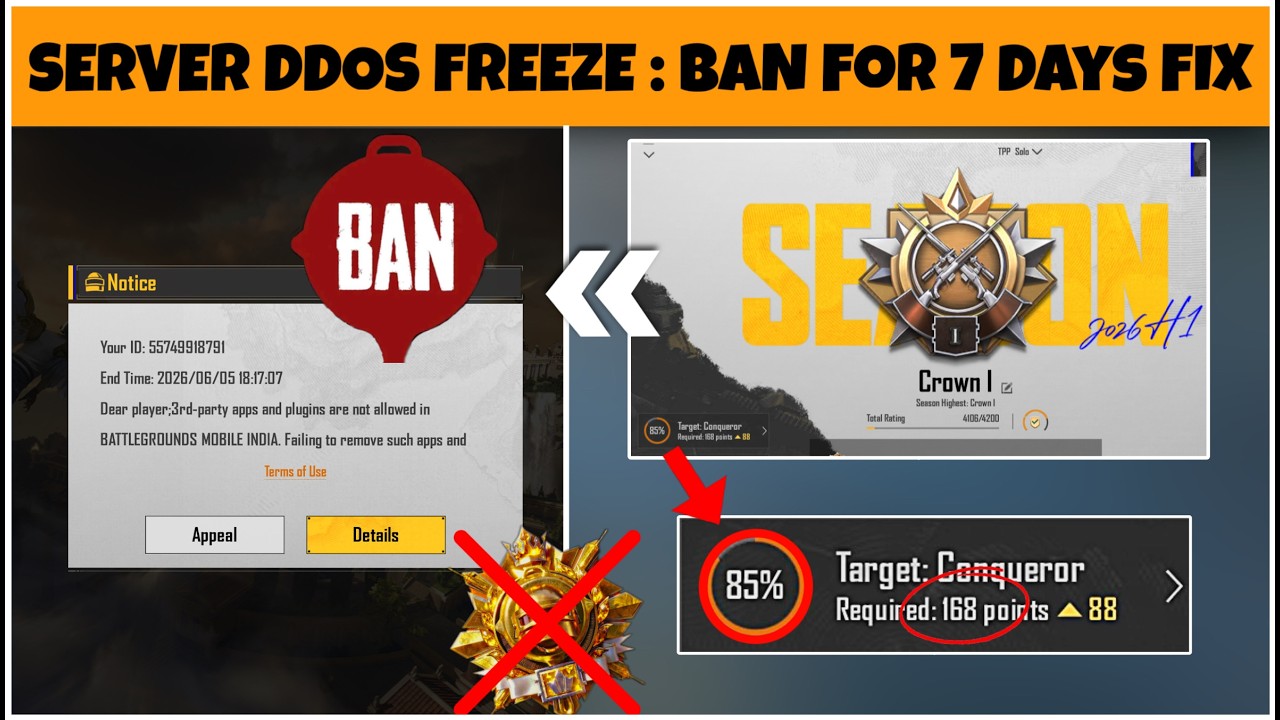 Got Banned For 7 Days : Server Issue &ldquo;DDOS Attack&rdquo;| How To Unban : Safe Tips ✅ | S29 Conqueror Tips