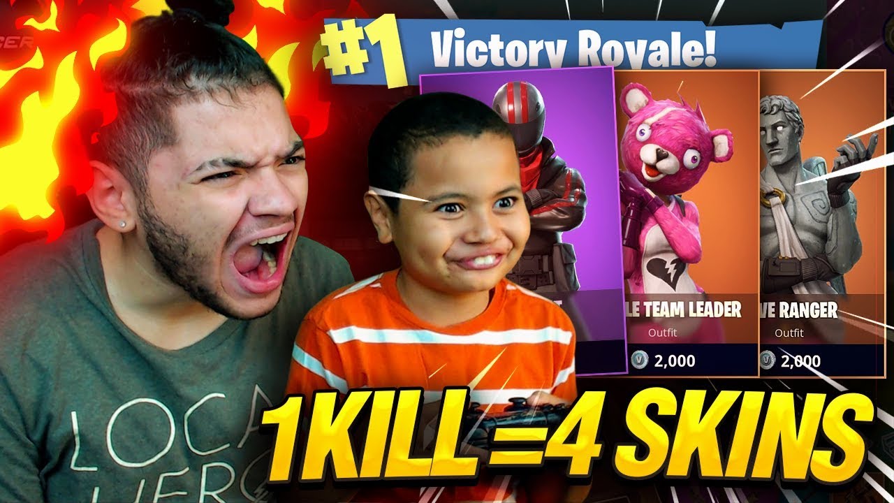 1 KILL = 4 FREE SKINS FOR MY 9 YEAR OLD LITTLE BROTHER! 9 YEAR OLD PLAYS SOLO FORTNITE BATTLE ROYALE