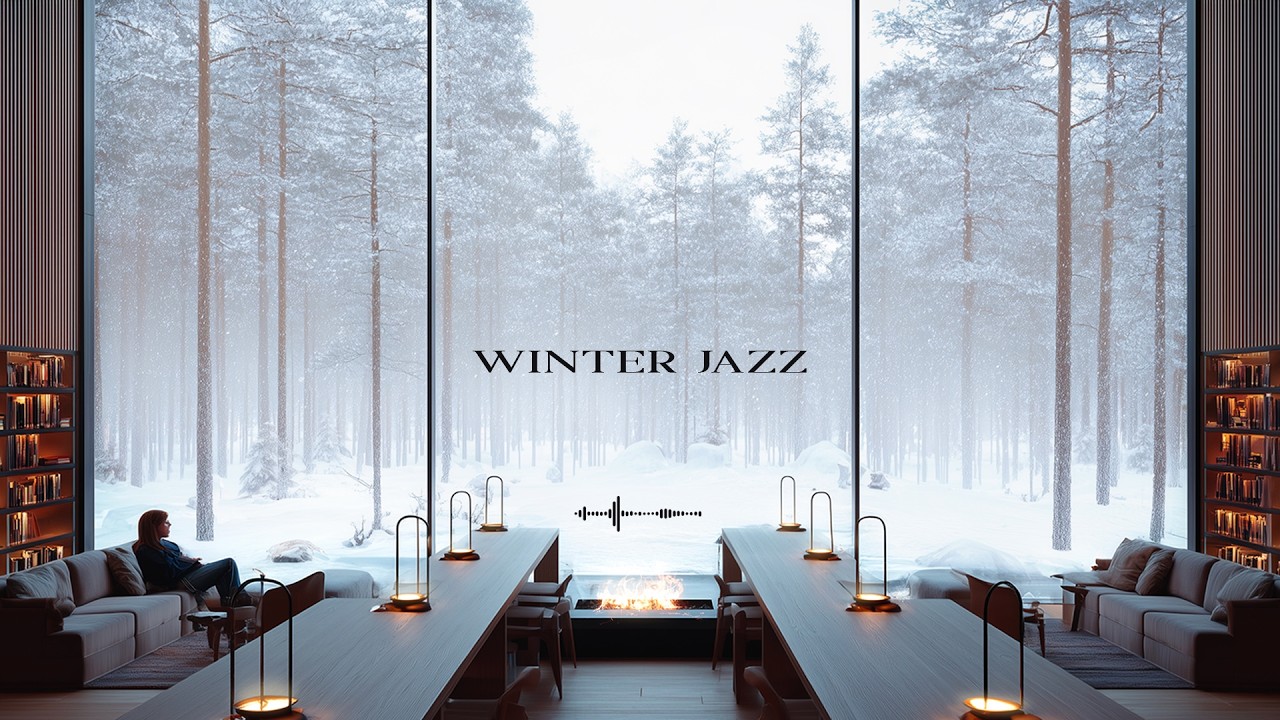 Winter Library: Cozy Jazz, Snowy Grand Window & Warm Hall Lights [作業用・集中BGM]