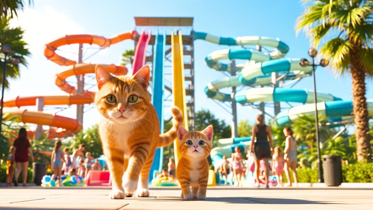 Cute Orange Cat and Kitten’s Water Park Adventure | Heartwarming Cat Story