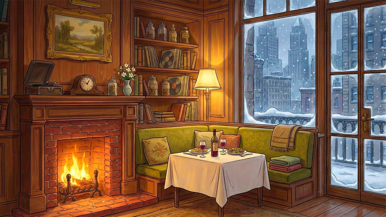 vintage oldies playing in another room in a cozy 1950s New York restaurant and it's snowing