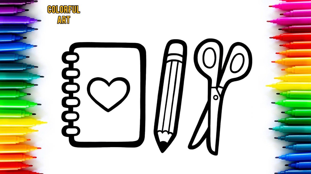 Easy Notebook, Pencil & Scissors Coloring Page | Back to School Drawing