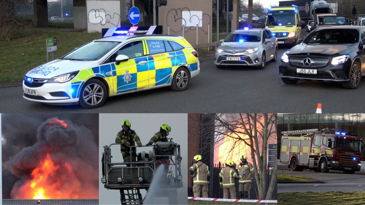 Large industrial fire with multiple emergency vehicles responding in Nottingham