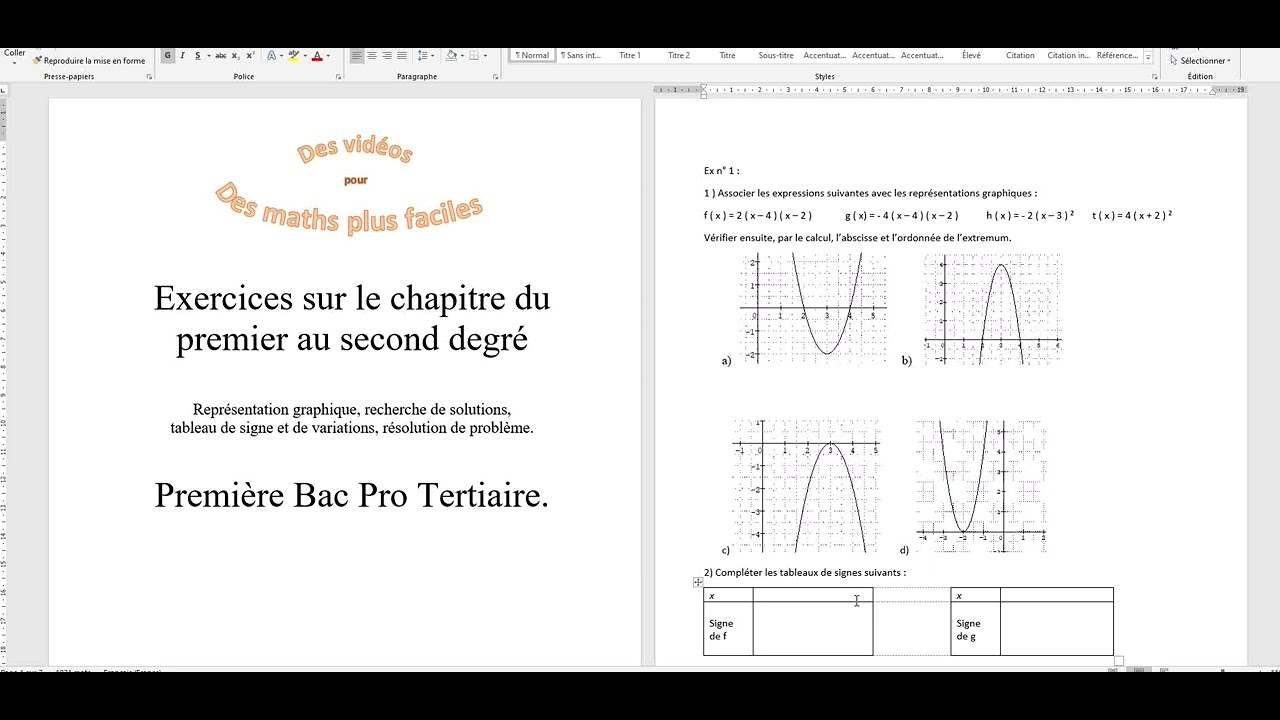 exercices sur le second degré - première bac pro