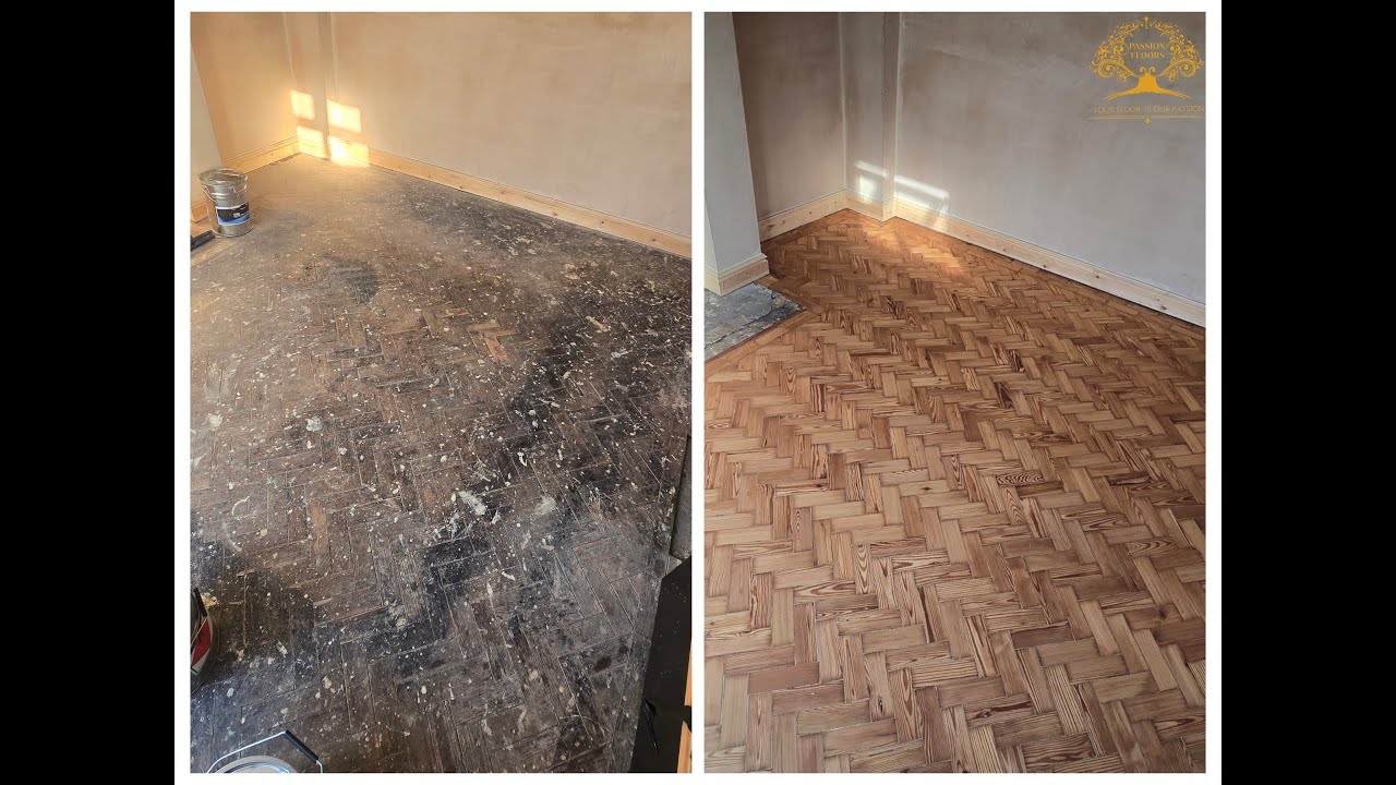 Pitch pine parquet re-sticking, sanding and finishing - timelapse