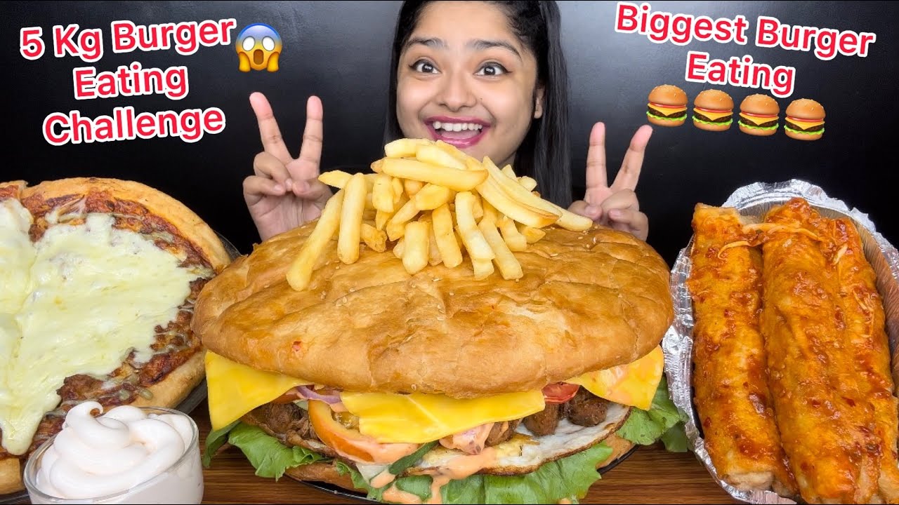 BIGGEST BURGER EATING CHALLENGE 🍔😱 5 KG CHICKEN BURGER EATING CHALLENGE | PIZZA AND SPRING ROLLS