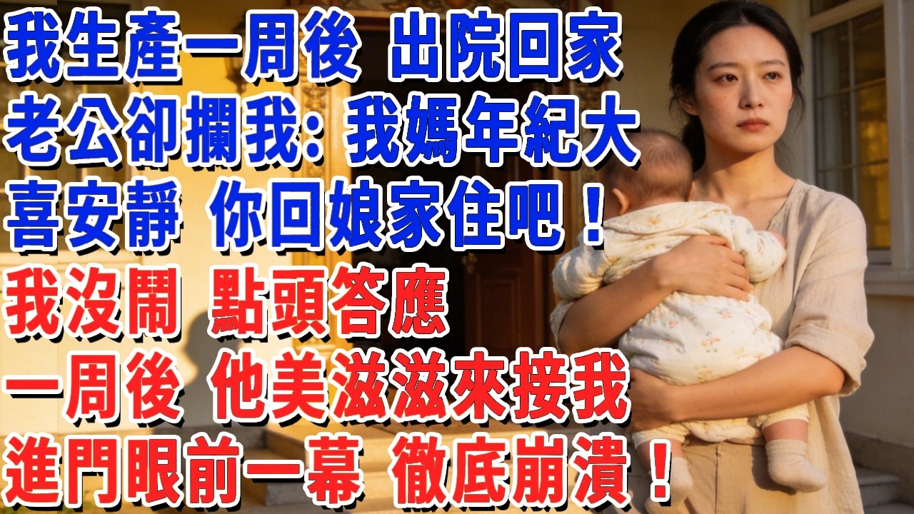 我生產一周後 出院回家，老公卻攔住我：我媽年紀大 喜安靜 你回娘家住吧！我沒鬧 點頭答應，一周後 他美滋滋來接我，進門眼前一幕 徹底崩潰！#小娟講故事 #情感故事 #老年生活