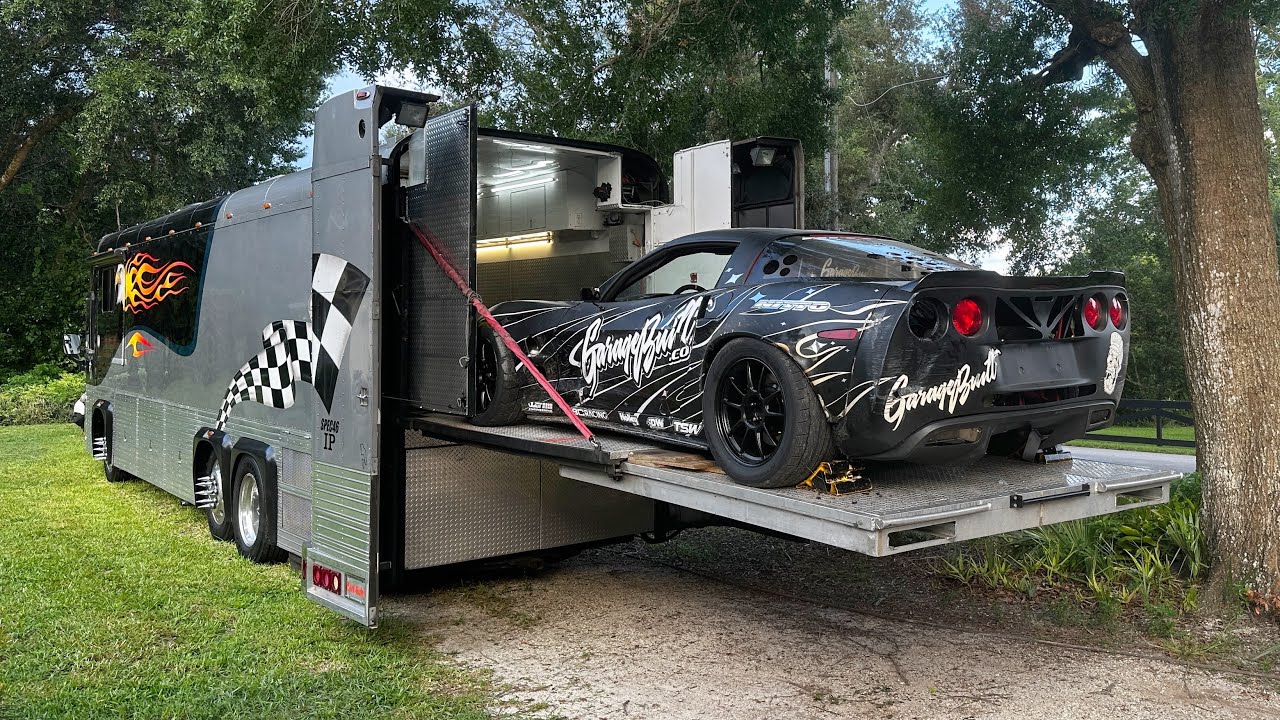 First test of the new race car hauler. RV bus conversion. will it fit?