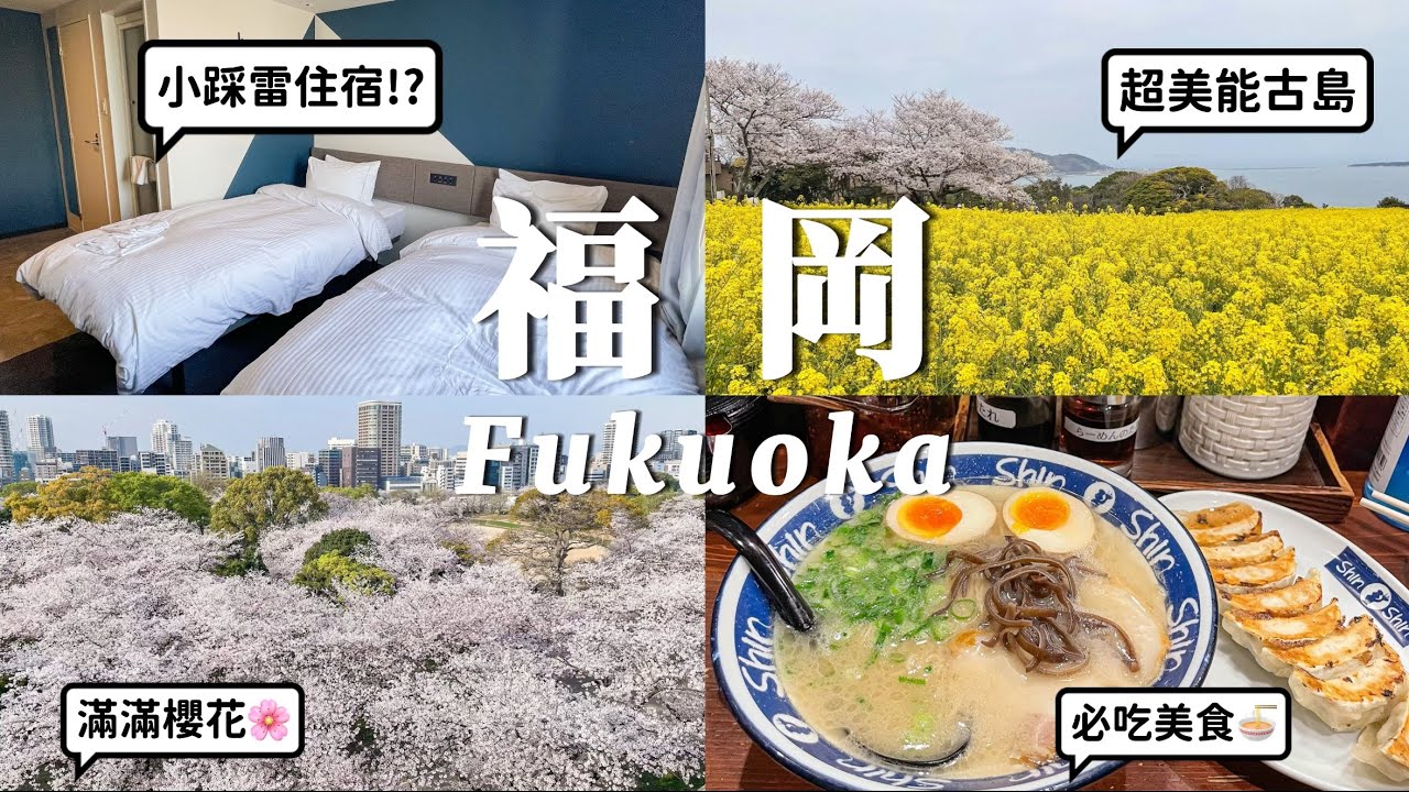 🇯🇵福岡vlog｜福岡賞櫻景點3選🌸｜開箱博多王子智能飯店🏨｜福岡城夜櫻｜能古島超美油菜花田｜博多必吃美食｜ ShinShin豚骨拉麵🍜｜華味鳥水炊鍋｜九州自由行