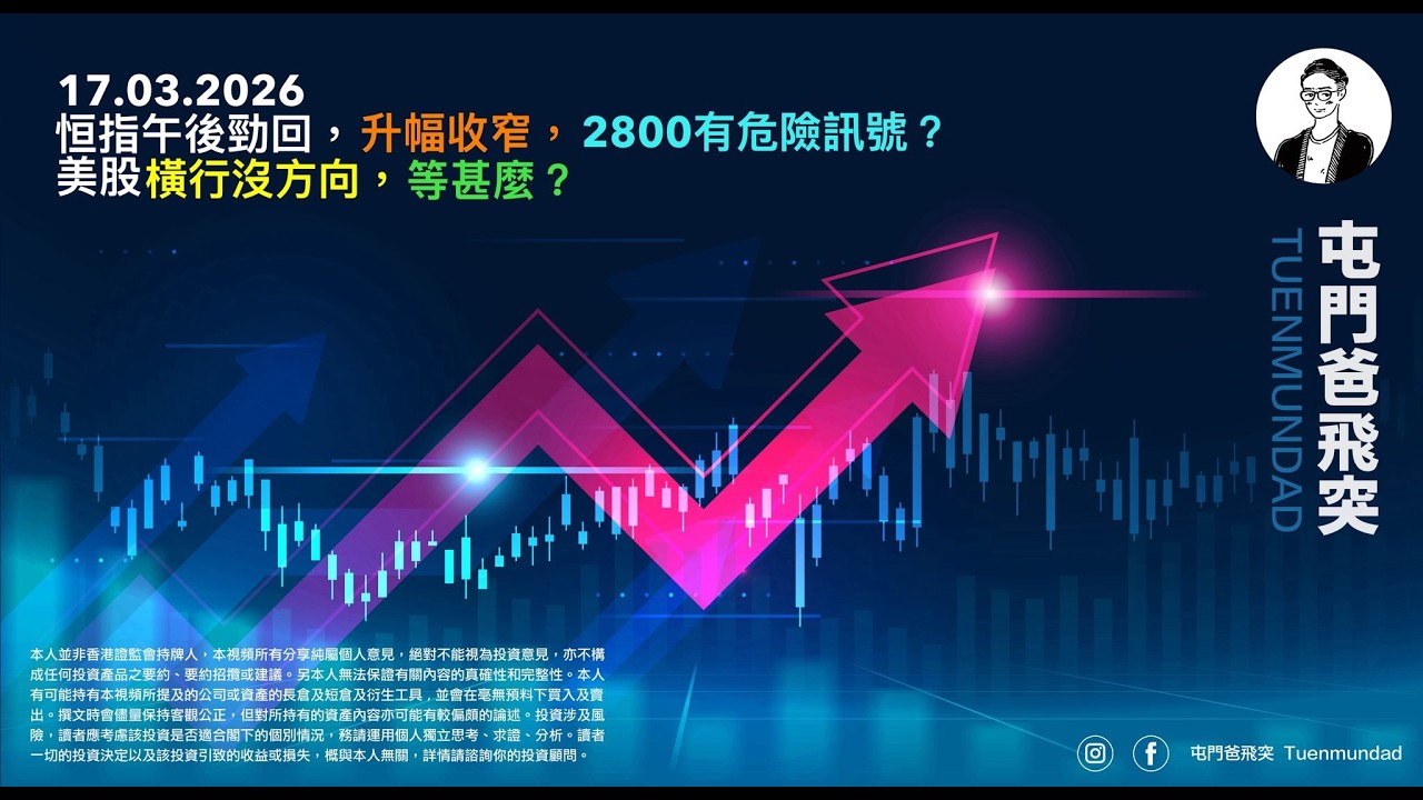 2026年3月17日 恒指午後勁回，升幅收窄，2800有危險訊號？美股橫行沒方向，等甚麼？