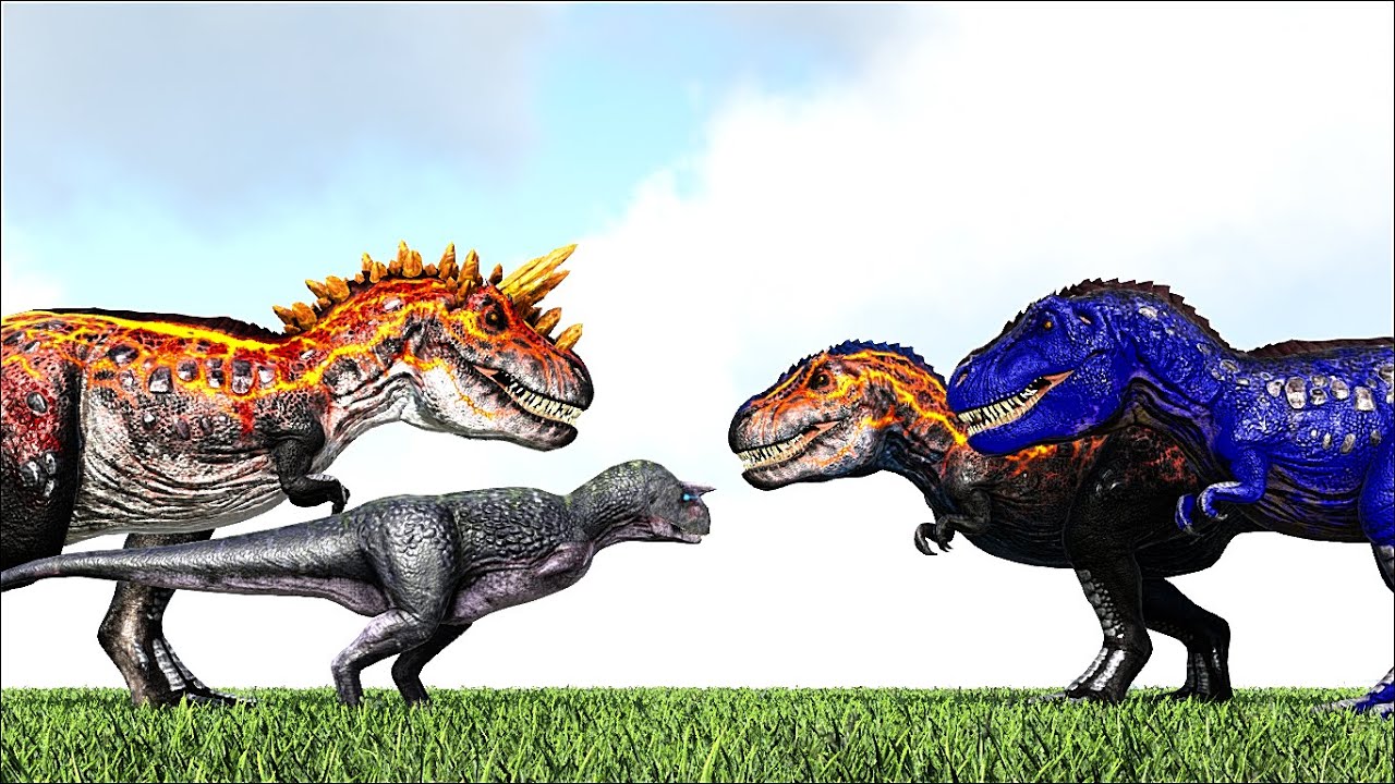ALPHA FULGUR CARNOTAURUS & ALPHA INFERNAL TYRANNOSAURUS VS DINOS (ARK SURVIVAL EVOLVED BATTLE DINOS)