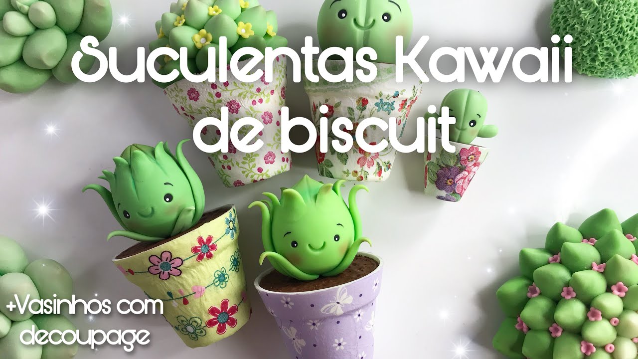 DIY | Suculentas Kawaii de Biscuit + Vasinhos com Decoupage