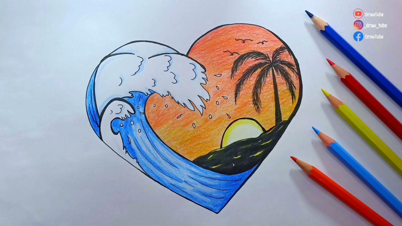 رسم منظر طبيعي سهل رسم البحر و الغروب بالألوان الخشبية للمبتدئين خطوة بخطوة how to draw land space
