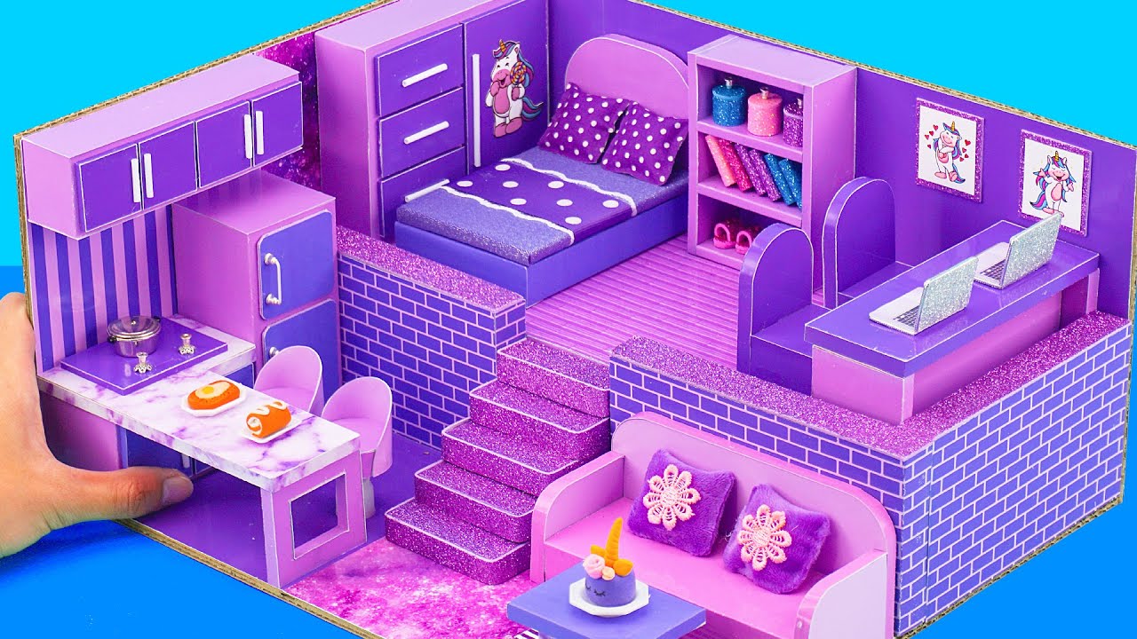 DIY Miniature House #63 Make Purple House with Bedroom, Kitchen, Living Room From Cardboard For Two