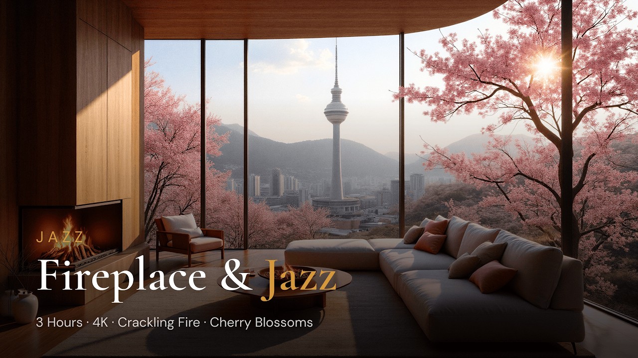 Fireplace & Jazz 🌸🔥 Cozy Spring Morning with Cherry Blossoms & City View | Smooth Jazz Music 4K
