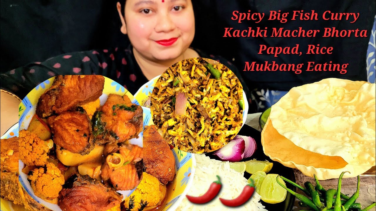 Eating Show-Spicy Big Fish Curry With Hot Basmati Rice, Kachki Macher Bhorta, Papad|Bigbites|Mukbang