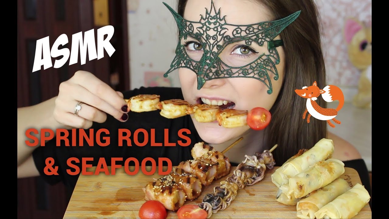 АСМР Спринг роллы и Шашлычки из морепродуктов/ASMR Mukbang Spring rolls & Seafood 春捲 蝦 扇貝