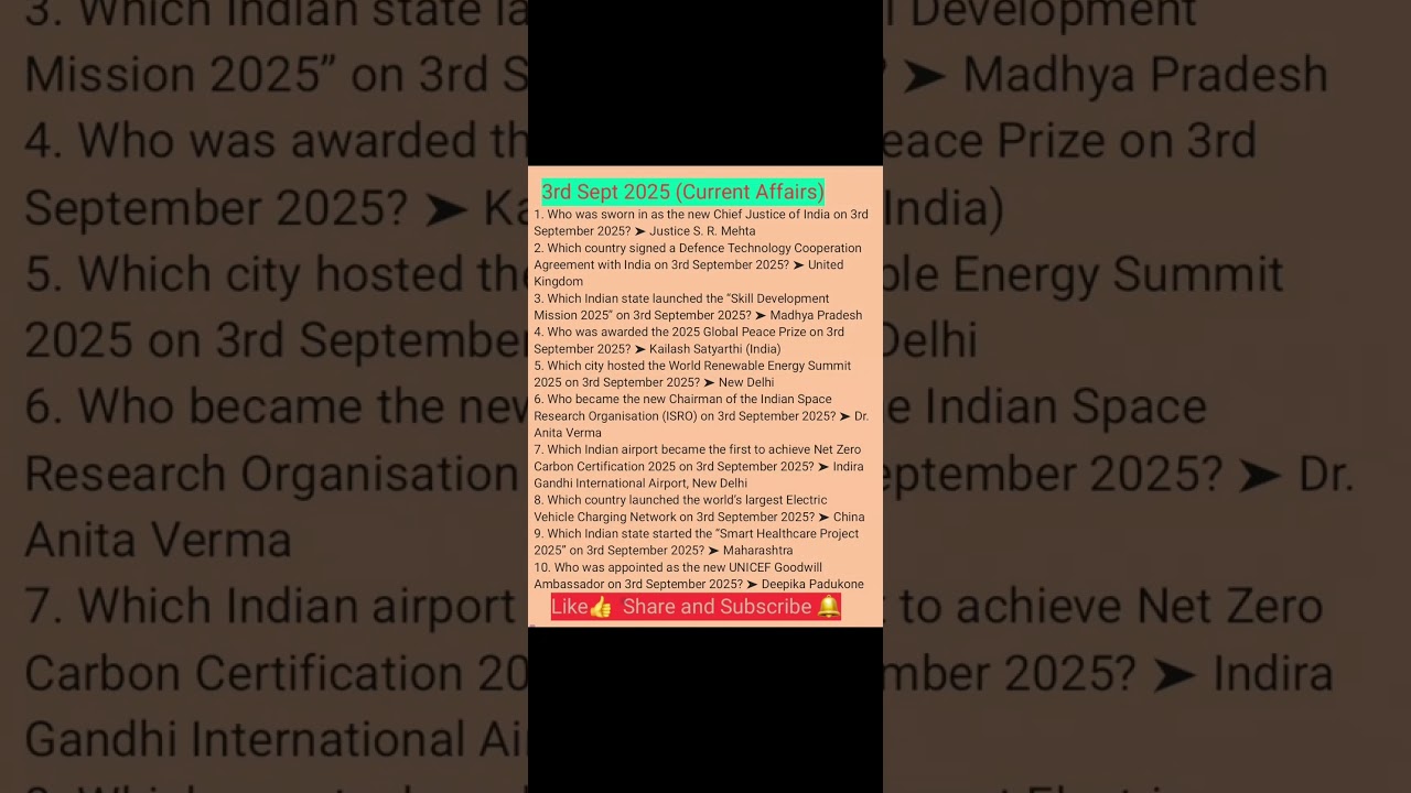 3rd September 2025 Most Important Current Affairs #gk #gs #currentaffairs #job #india #trending