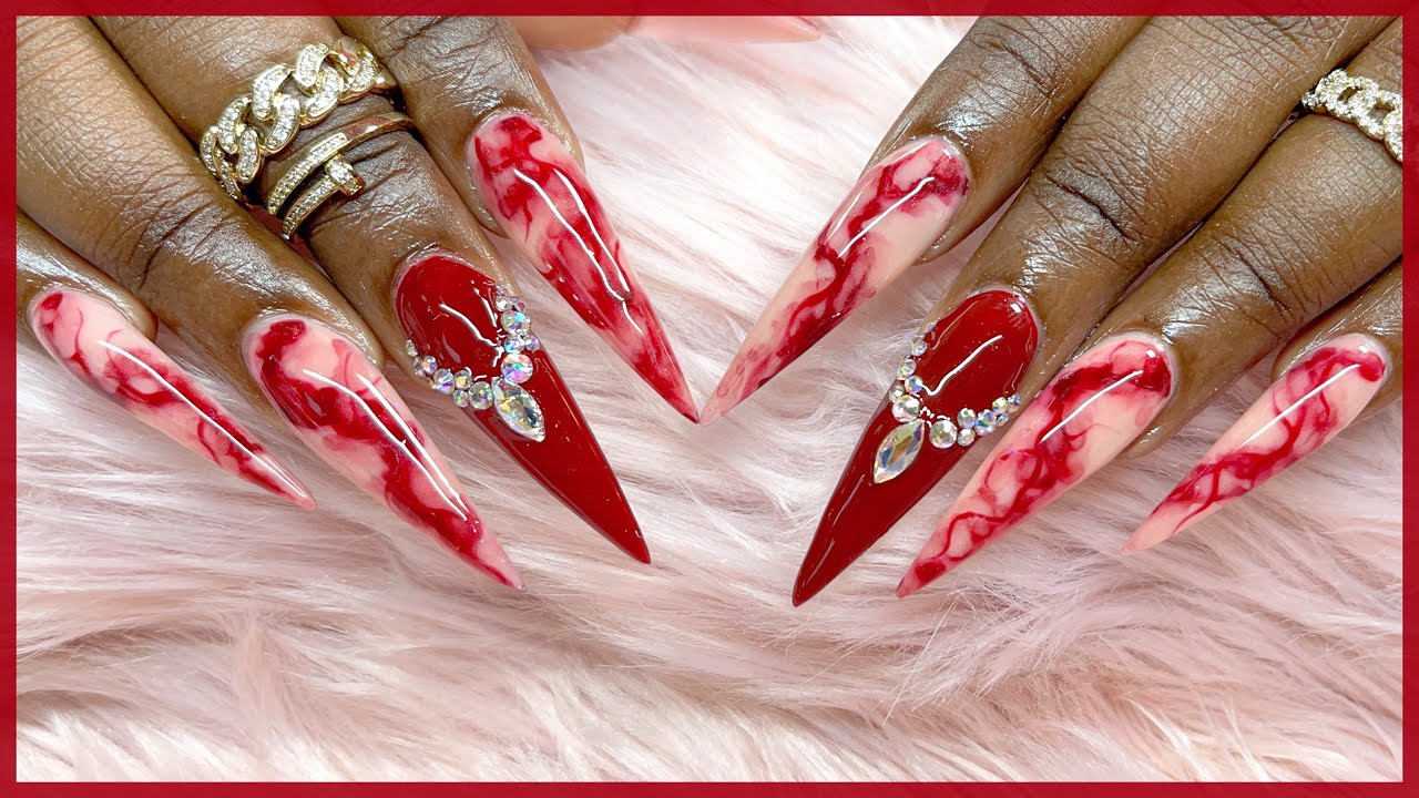 How To Acrylic Infill | Long Stiletto Nails | Easy Alcohol Ink Marble Nail Art Tutorial