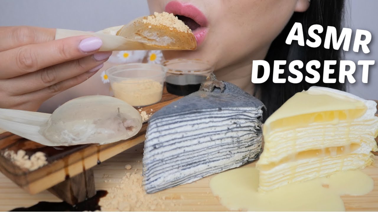 ASMR Dessert *Black Sesame Truffle & Yuzu Crepe Cake with Raindrop Jelly Relaxing Soft Eating Sound