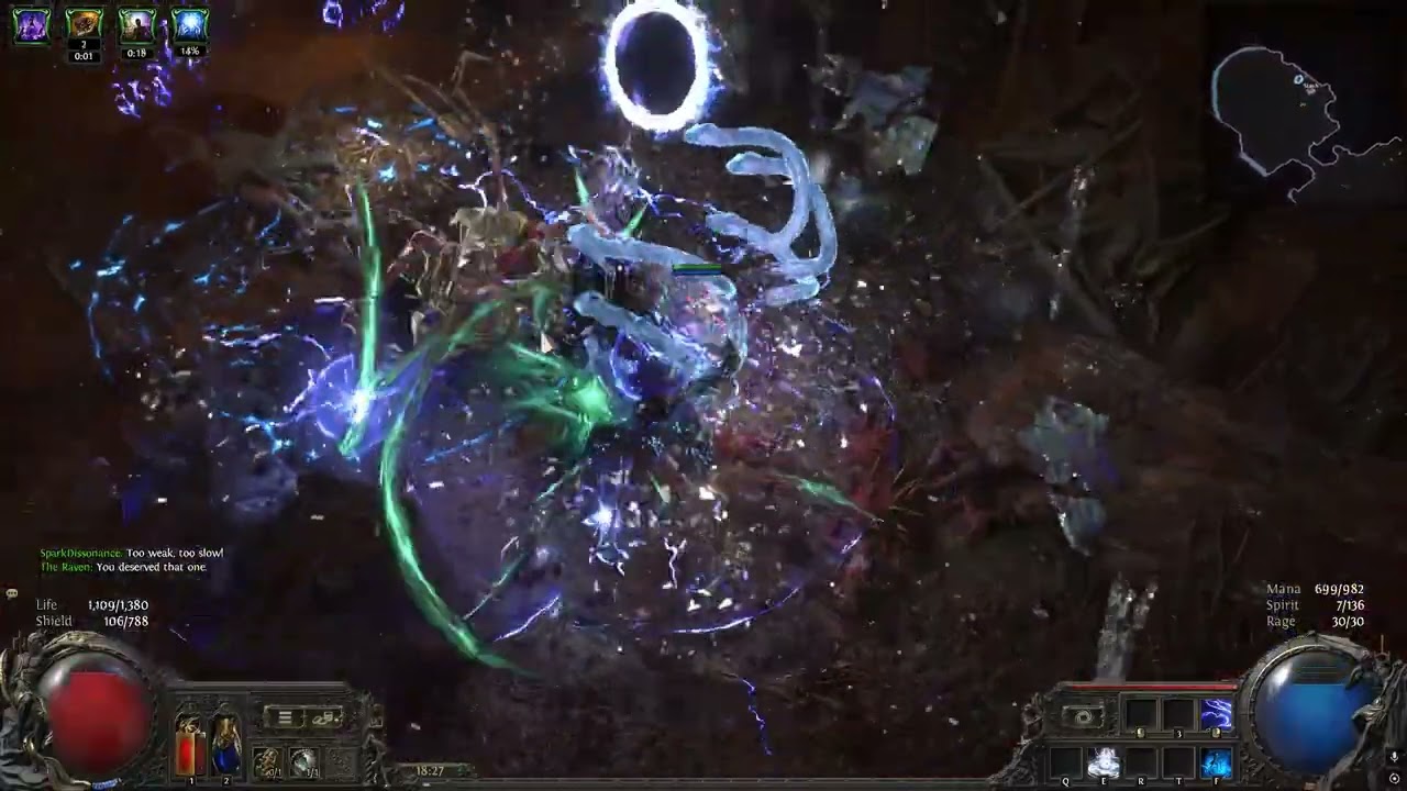 Path of Exile 2, poison spark, simulacrum 7 wave, rage setup