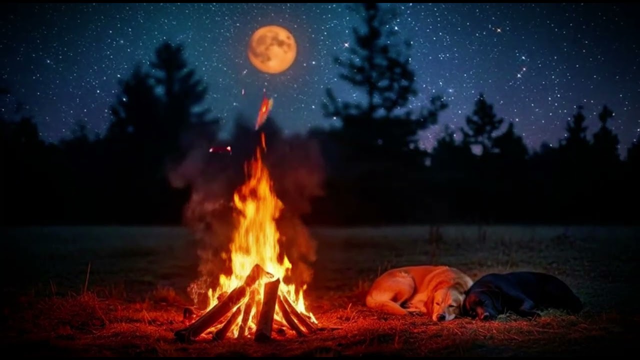 3 Hours Fireplace with Two Sleeping Dogs and Beautiful Embers In The Quiet Cold