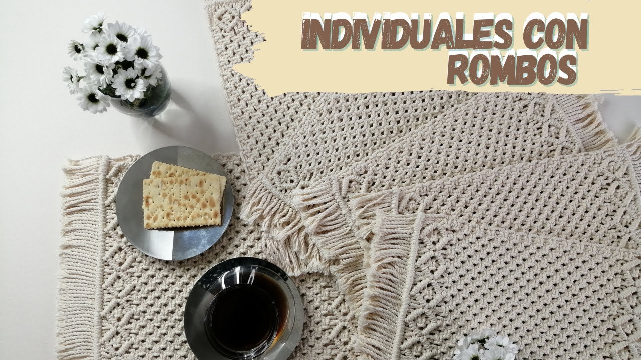 Individuales en Macramé - Individuales con rombos - línea hogar - nudo cordoncillo y nudo plano