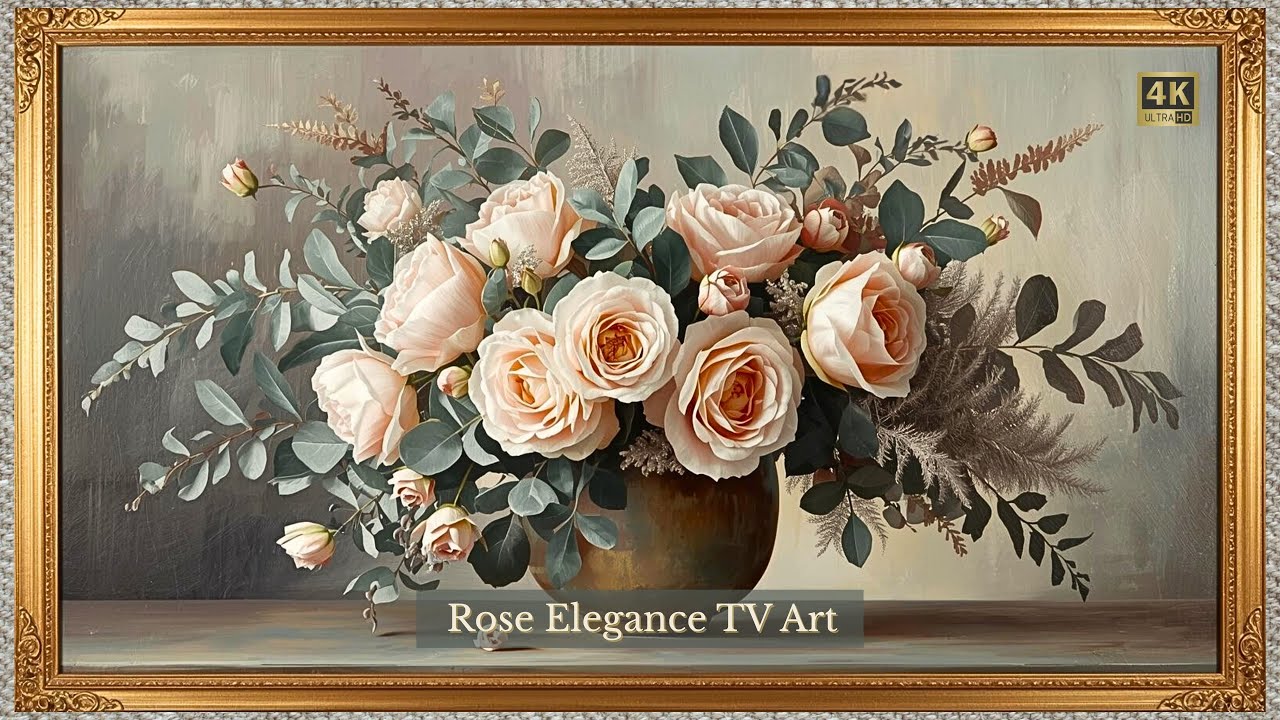 Blush Roses & Eucalyptus Vintage Painting | Romantic Neutral Wall Art for Samsung Frame TV (4K)
