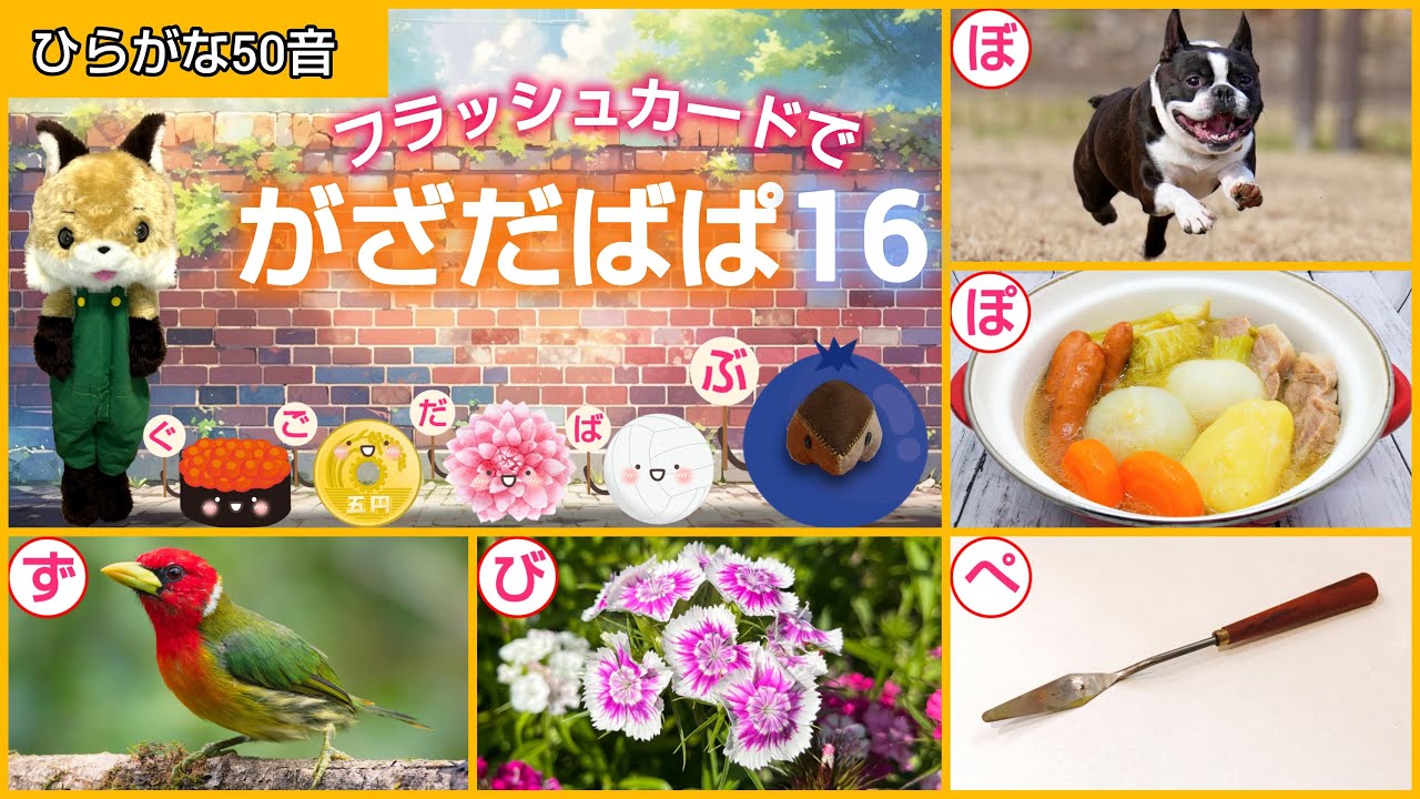 【フラッシュカード】ひらがな50音「フラッシュカードで♪がざだばぱ16」