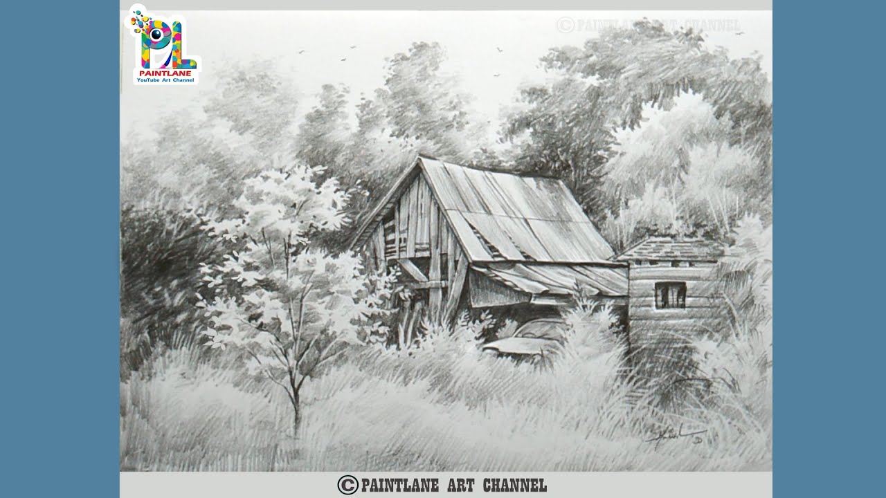 How to draw realistic wooden house ,trees and bushes in the landscape || step by step pencil art