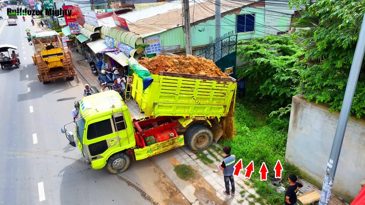 The Best Processing Filling Up The Land huge, Bulldozer KOMATSU D31P, Dump Truck unloading