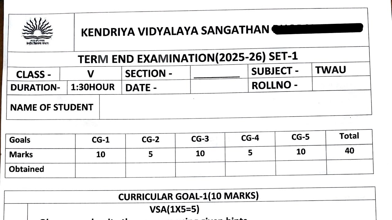 Class-5 TWAU / EVS (Real Paper) Annual Exam 2026 Question Paper Session Ending PM SHRI KV Term2