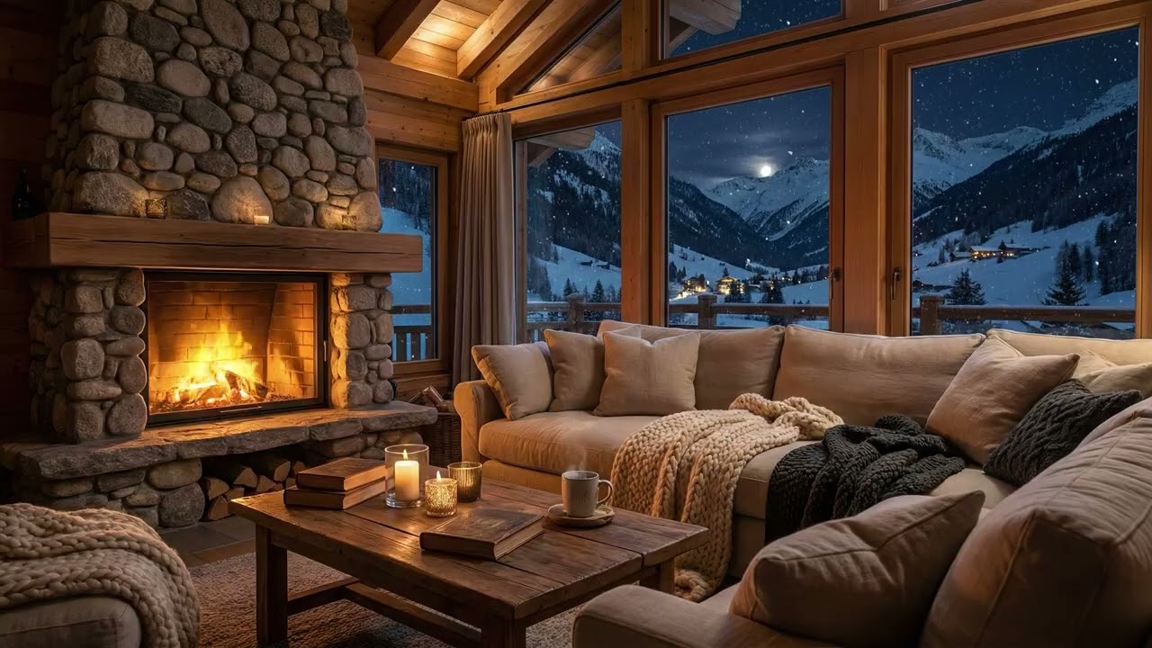 Cozy Snowy Cabin Night with Fireplace and Mountain View | Relaxing Winter Ambience 3 Hours