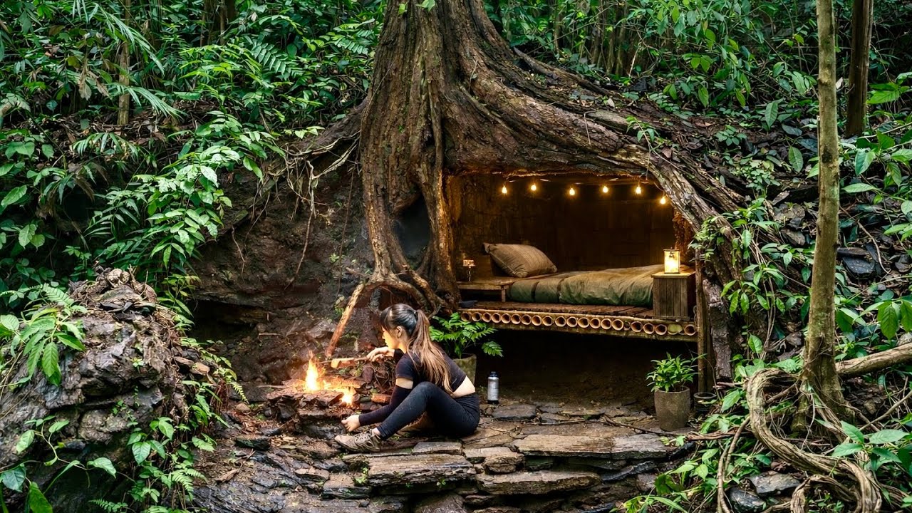 Build a shelter under a decaying tree stump - solo survival