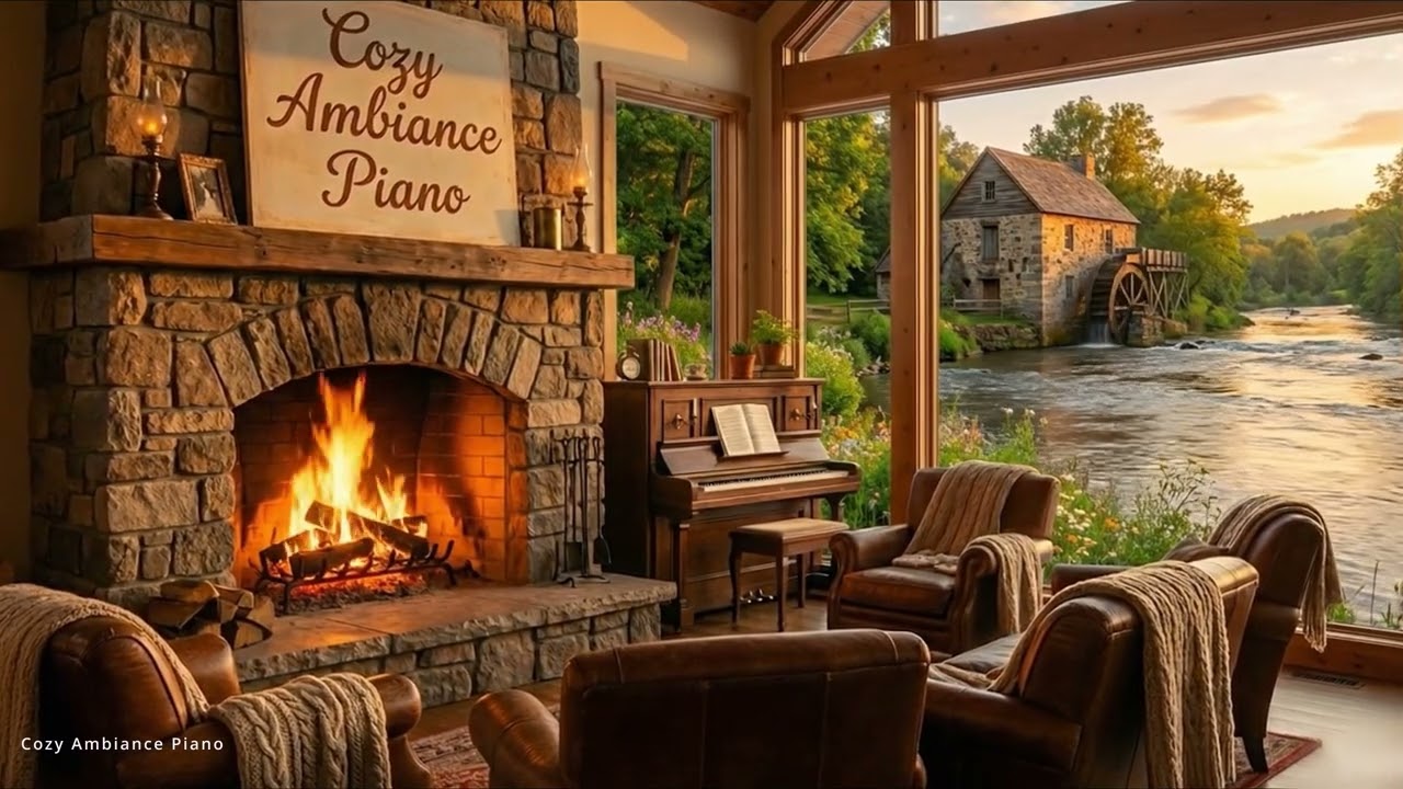 Cozy River Cabin Ambience with Crackling Fireplace & Relaxing Piano Music 🎹🔥