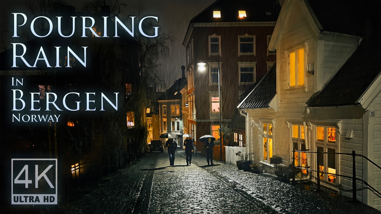 Pouring Rain in Bergen | Nocturnal 4k Walking Tour | Binaural Audio - City Ambience